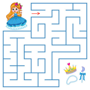 A cute little princess is looking for a way to treasure through the labyrinth. Find a way out of the maze. Educational game for children. Cartoon vector illustration, color clipart.