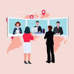 Newscasters broadcast news with state representative reporters live on the screen. Breaking news meeting International. Colored flat vector illustration.