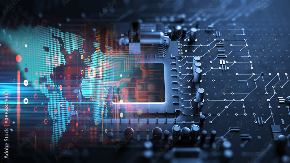 Aufkleber 3d rendering  of futuristic blue circuit board and cpu