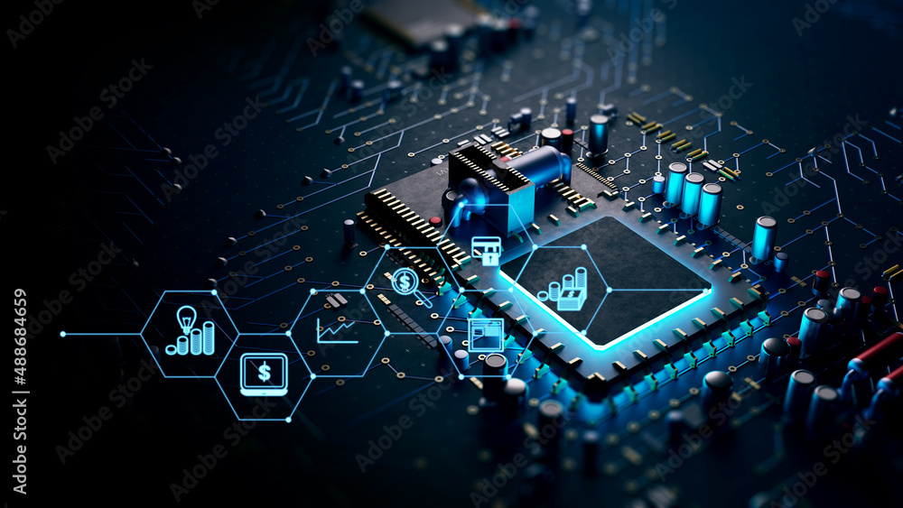 Poster 3d rendering  of futuristic blue circuit board and cpu