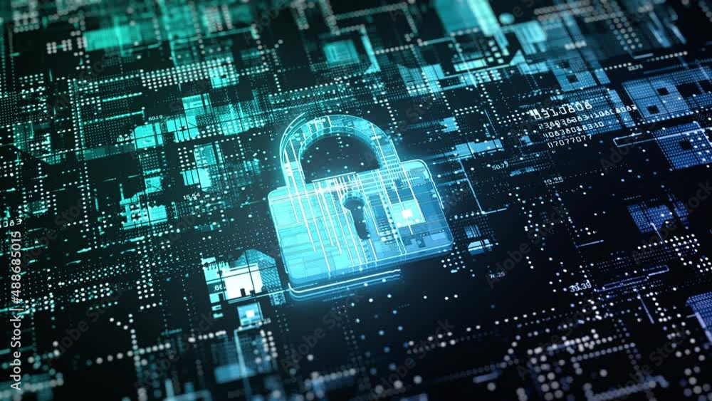 Poster padlock icon cyber security of digital data network protection, secure technology blockchain data ne