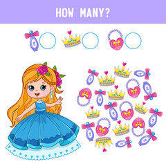 How many bags, perfumes and crowns does the princess have? Counting educational kids game, kids math activity sheet. Cartoon color vector illustration.