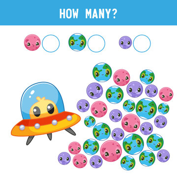 How many planets are near the UFO? Counting educational kids game, kids math activity sheet. Cartoon color vector illustration © GreenPencil