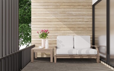 mock up outdoor terraces with views of the big trees, tiled floors color black, wooden walls chair and side table.3d rendering