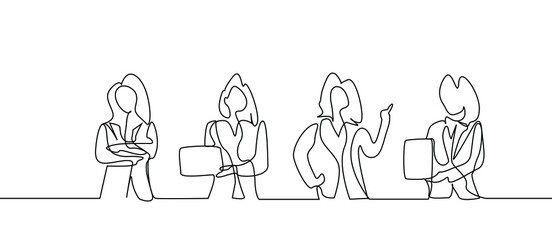 businesswoman in different poses standing showing tablet and laptop and making signs