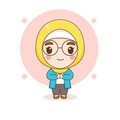 Cartoon illustration of cute Moslem girl character greeting pose