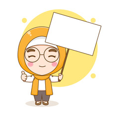 Cartoon illustration of cute Moslem girl character holding empty board