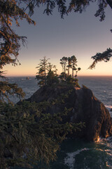 Sunset on natural bridges along the west coast of the Pacific Ocean, Oregon during the golden hour sunset - the sun's rays through the trees with dense vegetation. Beautiful seascape with rocks.