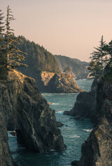 Sunset on natural bridges along the west coast of the Pacific Ocean, Oregon during the golden hour sunset - the sun's rays through the trees with dense vegetation. Beautiful seascape with rocks.