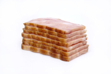 Minced smoked pork slices, thick cut marble bacon isolated on white background