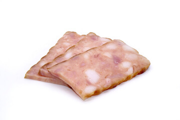 Minced smoked pork slices, thick cut marble bacon isolated on white background