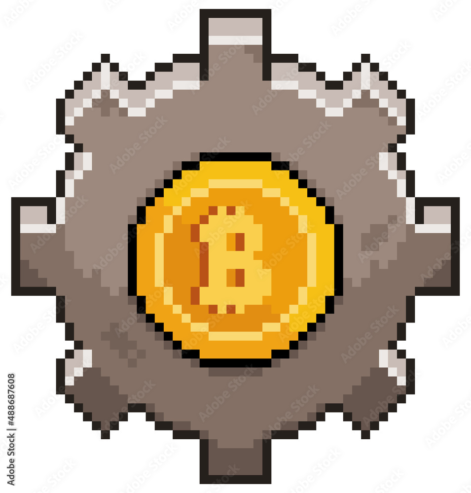 Poster pixel art bitcoin gear vector icon for 8bit game on white background