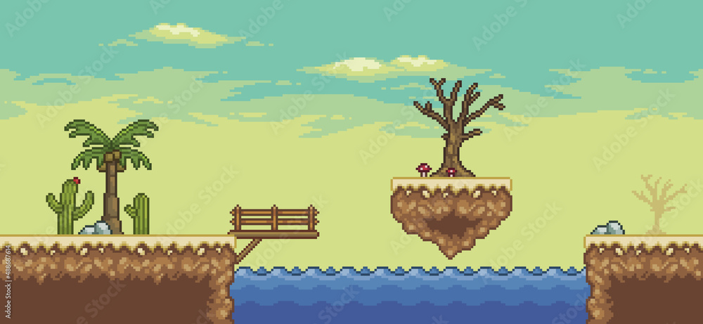Poster pixel art desert game scene with pyramid, palm tree, cactuses, bridge floating island 8bit backgroun