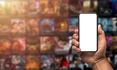 hand holding phone with blank screen on smart television channels background, control TV with smartphone..