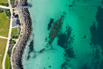 An aerial shot of the Omeo shipwreck at Port Coogee Marina, near Fremantle and Perth, Western...