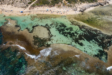 Aerial view of Yallingup beach with reef and beachgoers