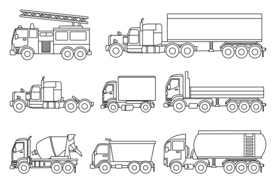 outline of transport vehicles trucks, containers, fire engines, concrete mixers. vector design