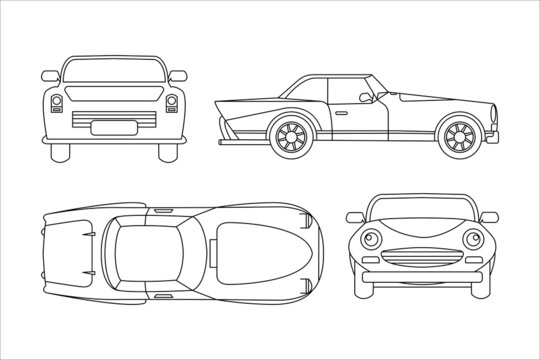 sports car vehicle outline design top view, front view, rear view and side view isolated on white background