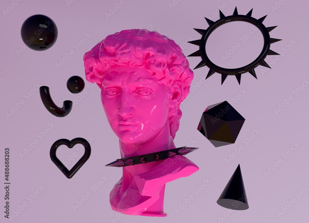 Poster 3d illustration of a gypsum statue wearing collar with spikes. surreal pop art style image.