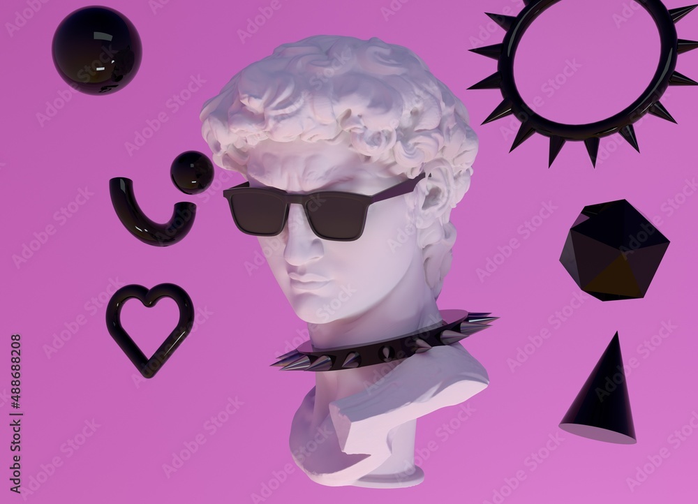 Poster 3d illustration of a gypsum statue wearing collar with spikes. surreal pop art style image.