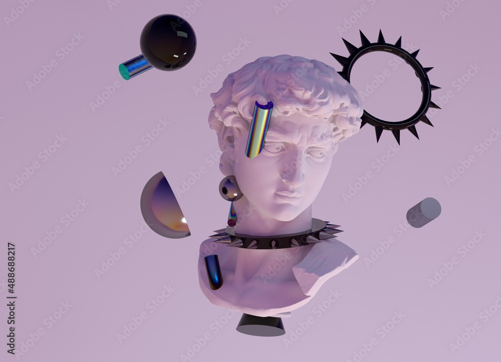 Poster 3d illustration of a gypsum statue wearing collar with spikes. surreal pop art style image.