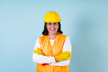 Hispanic woman Professional engineering and worker with helmet in Mexico Latin America