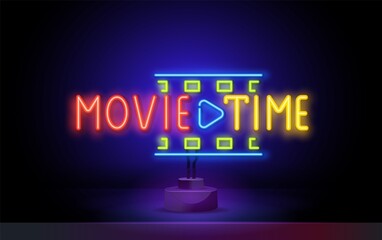 Movie time neon text. Cinema. Movie night. Movie time. neon sign. Logo, emblem, cinema banner, label, night bright advertising. Vector illustration