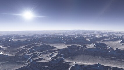 Fototapeta premium alien planet landscape sci fi spatial background, view from planet surface with spectacular sky, realistic digital illustration 