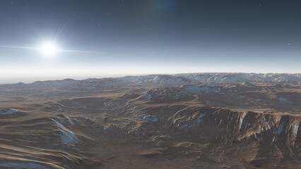 alien planet landscape sci fi spatial background, view from planet surface with spectacular sky, realistic digital illustration	
