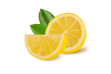 half and sliced of lemon and leaves on white background