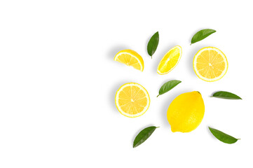 Top view Fresh lemon fruits with half and leaves on white background.