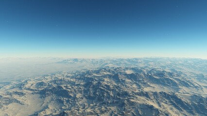 alien planet landscape sci fi spatial background, view from planet surface with spectacular sky, realistic digital illustration	
