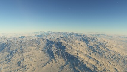 alien planet landscape sci fi spatial background, view from planet surface with spectacular sky, realistic digital illustration	
