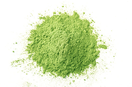 Green matcha tea powder on white background .Top view

