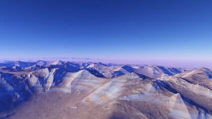 beautiful view from an exoplanet, a view from an alien planet, a computer-generated surface, a fantastic view of an unknown world, a fantasy world 3D render