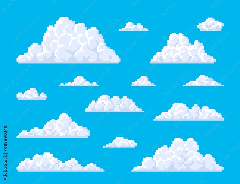 Poster white pixel fluffy bubble clouds on blue sky background. retro game, 8bit pixel art icons or eight-b