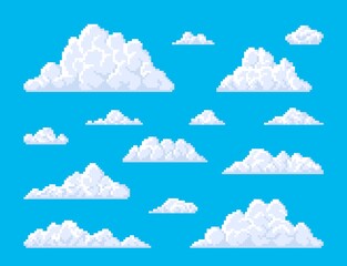 White pixel fluffy bubble clouds on blue sky background. Retro game, 8bit pixel art icons or eight-bit arcade mosaic backdrop with square pixels clouds, atmosphere or weather - obrazy, fototapety, plakaty