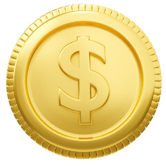 Realistic golden dollar coins isolated on white background. Close-up shot, 3D rendering.