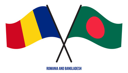 Romania and Bangladesh Flags Crossed And Waving Flat Style. Official Proportion. Correct Colors.