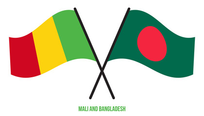 Mali and Bangladesh Flags Crossed And Waving Flat Style. Official Proportion. Correct Colors.