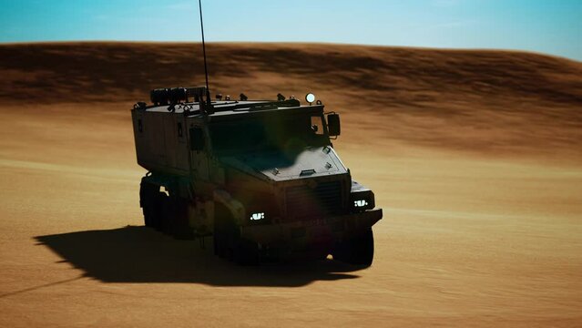 Armoured military truck in desert