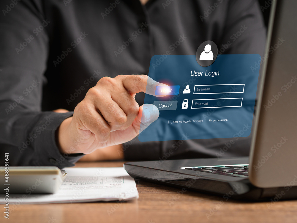 Poster login page username and password on a virtual screen