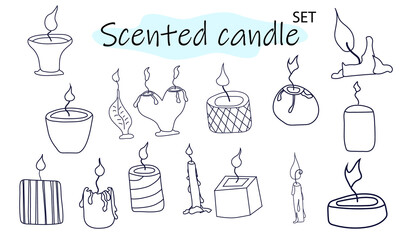A set of scented candles with a burning fire. Candles for interior, lighting and romantic dates. Aromatherapy. Vector illustration in linear design on a white background.