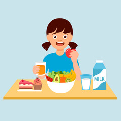 Girl kids eating fruits, sweet cake, some vegetables and drinking orange juice, milk in flat design. Children enjoy eating delicious meal for breakfast or lunch.