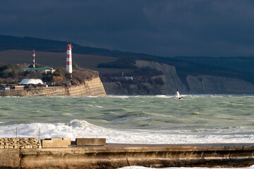 Storm and heavy clouds in the black sea near gelendzhik, Russia