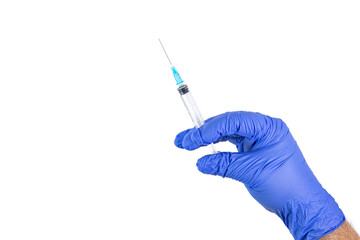 Doctor hand in a medical glove with a syringe for vaccination against Covid-19 on white, isolated,...
