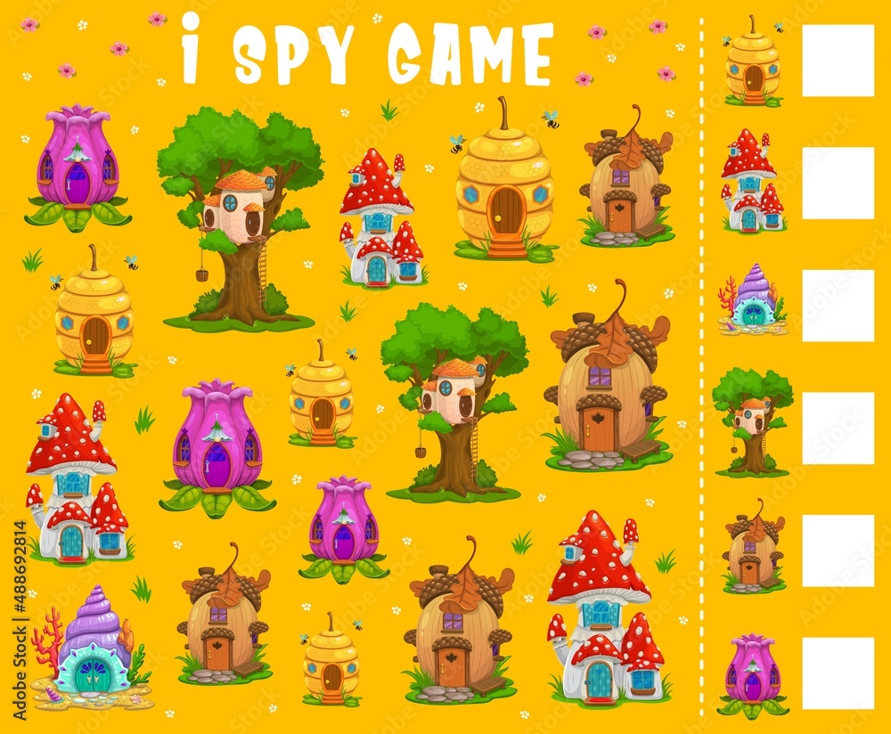 Poster i spy kids game with counting fairy houses task. children riddle with cartoon vector nest on tree, a