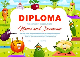 Cartoon funny vegetable characters on yoga sport, vector kids diploma award. School or kindergarten diploma certificate with carrot or pumpkin, cauliflower and garlic, zucchini, avocado on fitness