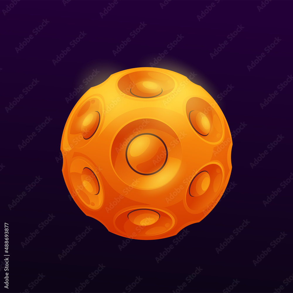Poster cartoon yellow space plane with nucleus. space alien home planet, fantasy game gui moon or satellite