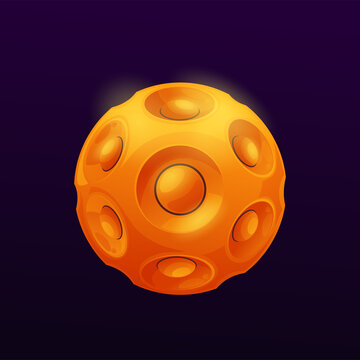 Cartoon yellow space plane with nucleus. Space alien home planet, fantasy game GUI moon or satellite icon with cavities, deep craters and domes. Galaxy extraterrestrial artificial world